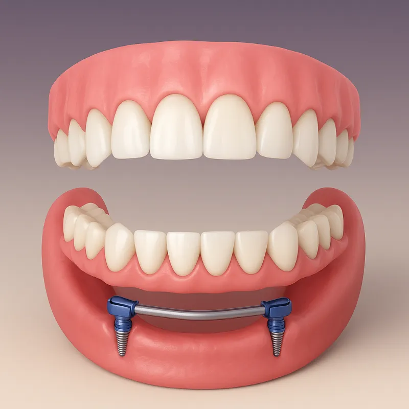 Overdenture stabilized by implants with clips
